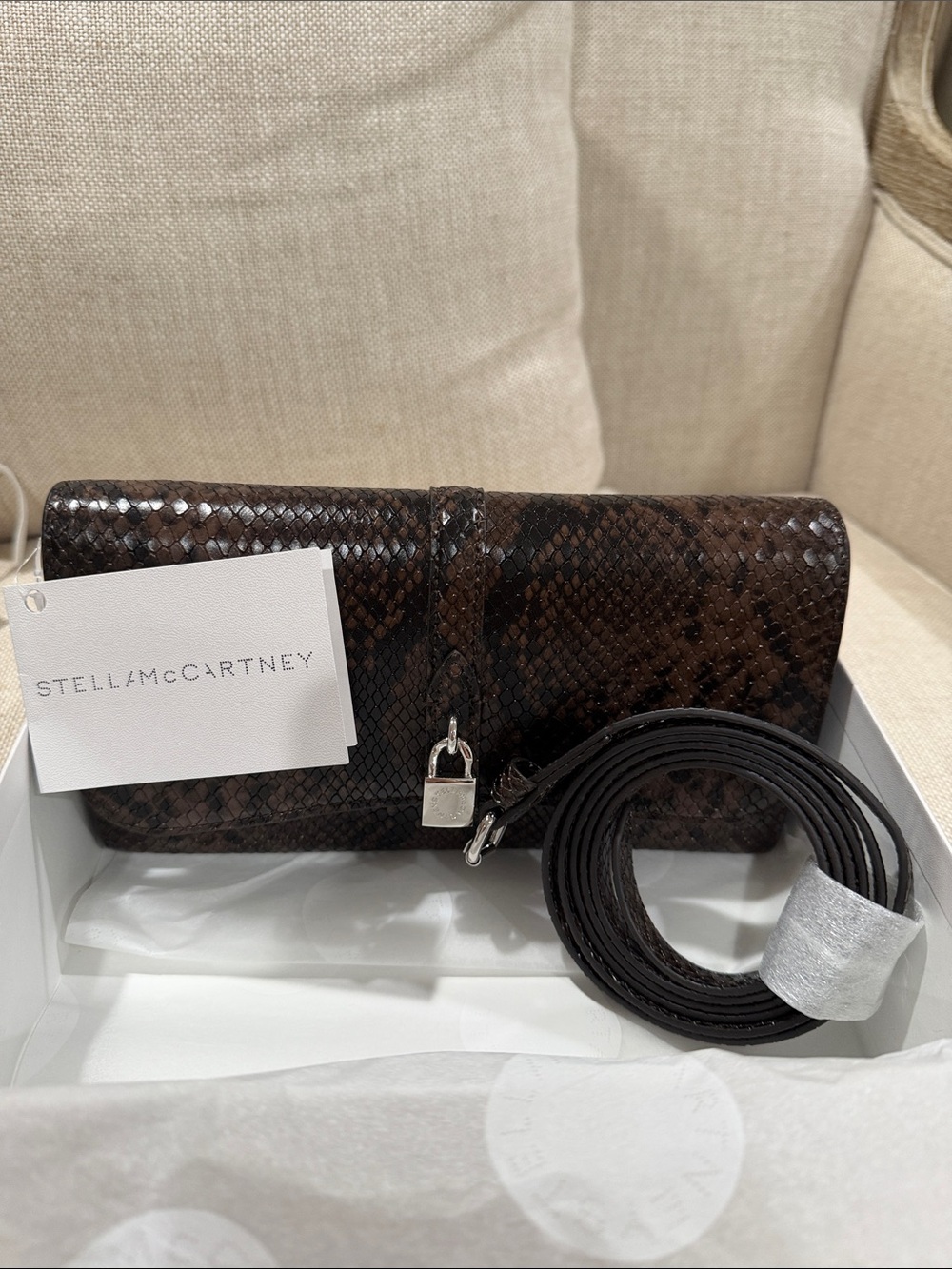 Stella McCartney Dark Brown Faux-Snake Fold-Over Clutch with Strap